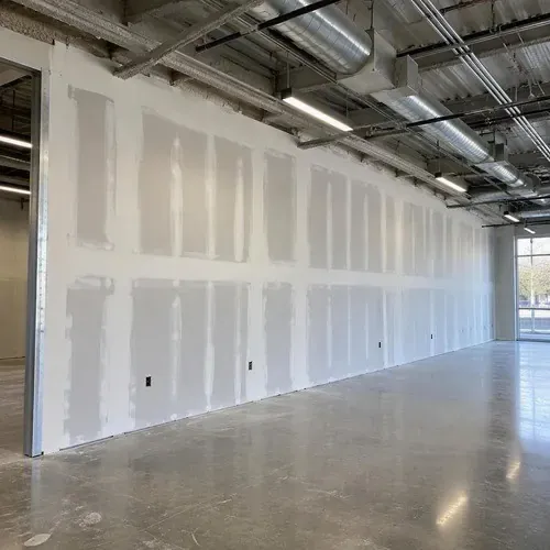 Taped commercial office wall with exposed ductwork on a commercial drywall project in Kingston, ON
