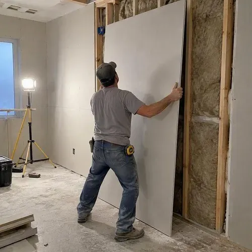 Soundproof board lifted into place on wall on a drywall soundproofing job in Kingston, ON