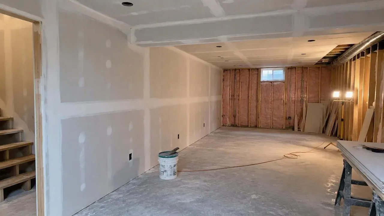 Basement drywalling with insulation still exposed on a Kingston Drywall project