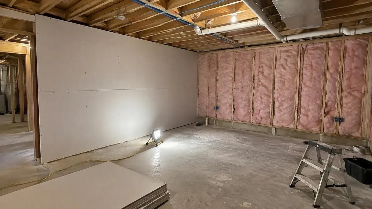 Kingston basement renovation with drywall partly installed over framed and insulated walls