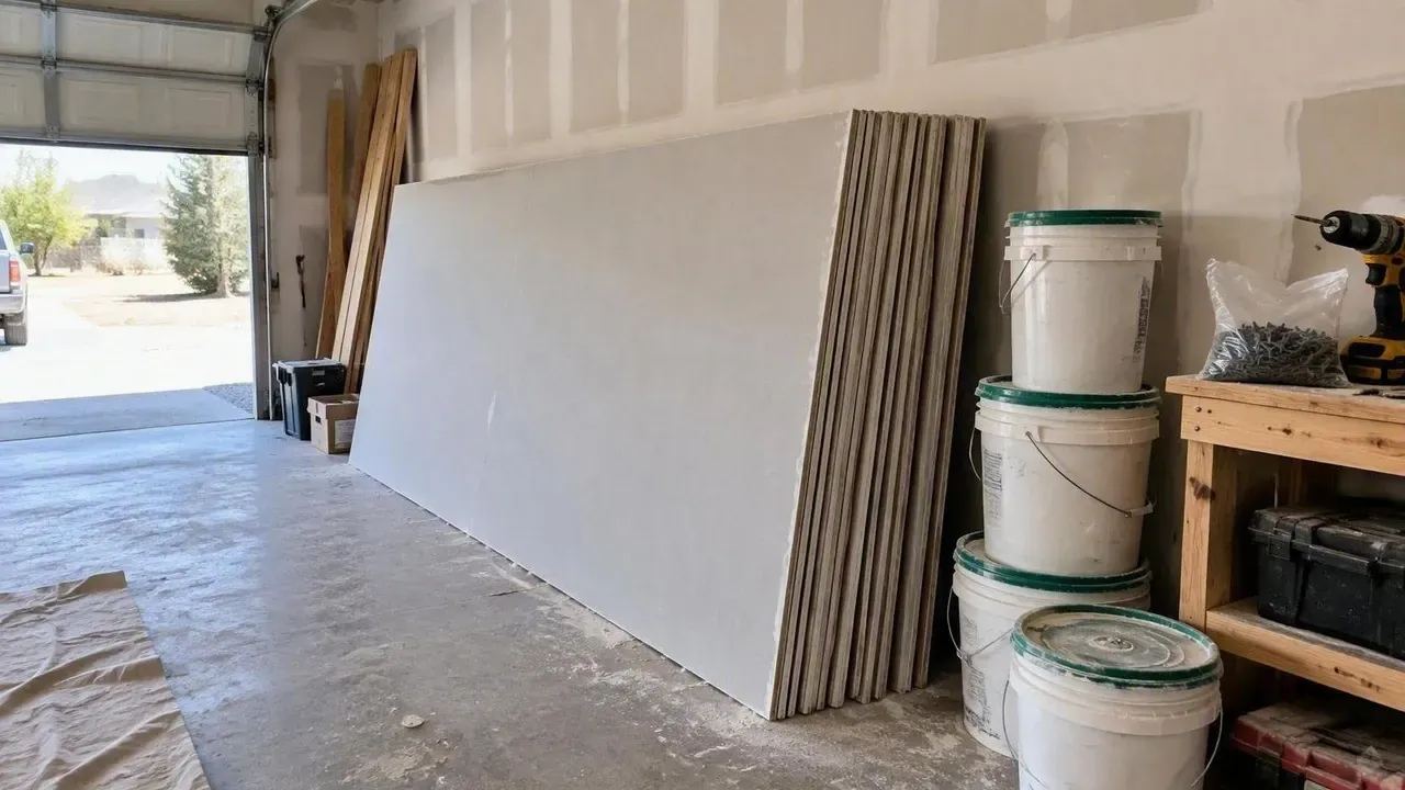 Drywall sheets and compound buckets staged in garage on a Kingston Drywall project