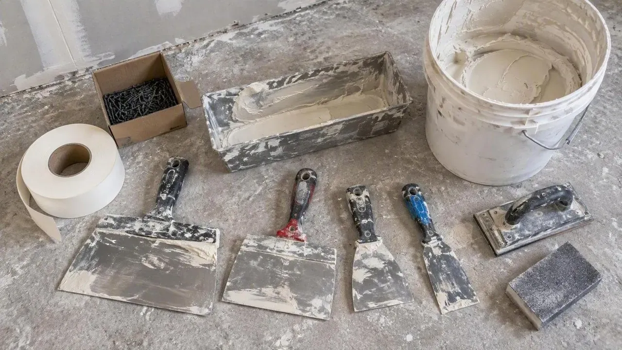 Drywall tools laid out on dusty floor on a Kingston Drywall project