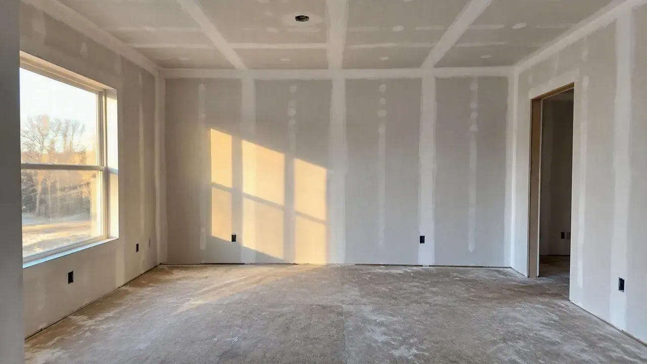 Empty room fully hung and taped on a Kingston Drywall project