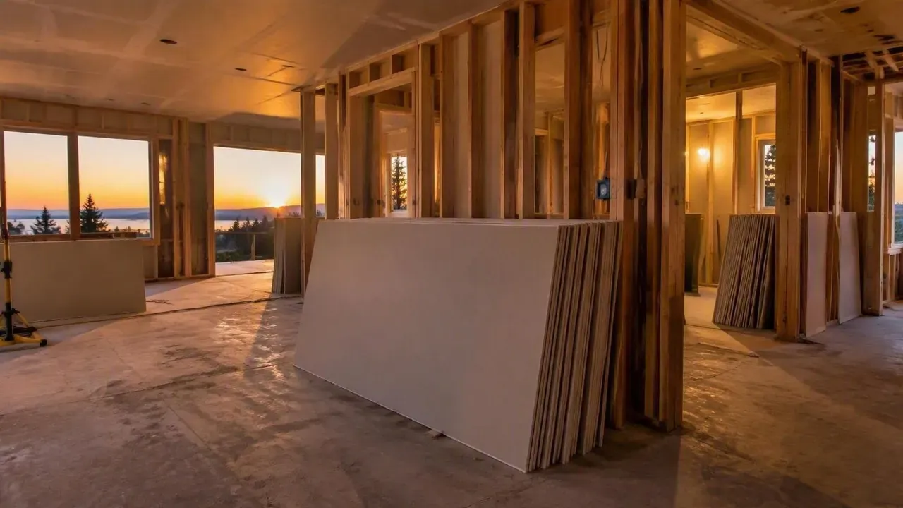 Framed interior at dusk with stacked drywall on a Kingston Drywall project