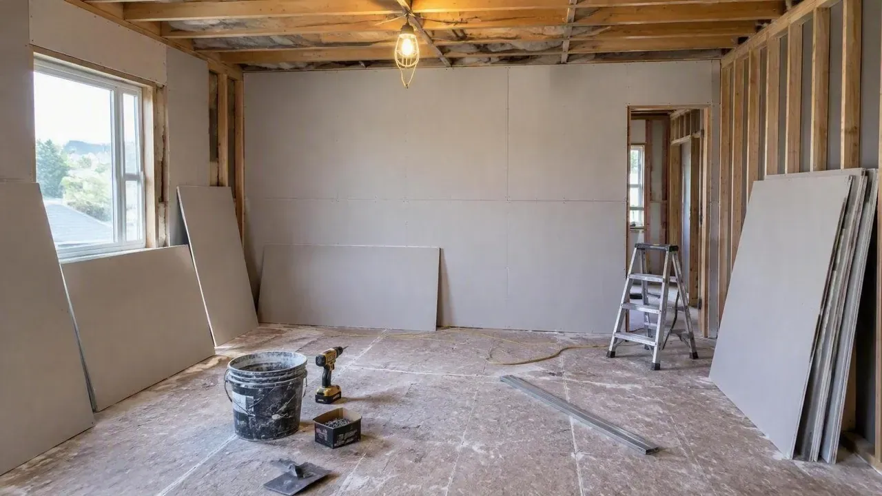 Residential room mid drywall installation with tools on a Kingston Drywall project