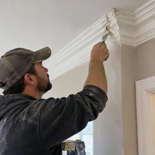 Worker filling crown moulding profile with plaster during plaster crown moulding repair in Kingston, ON