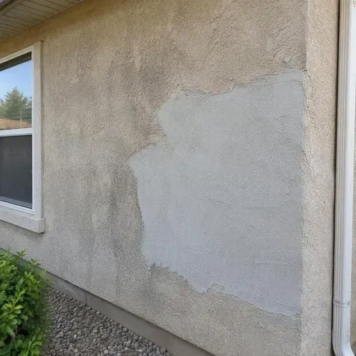 Fresh stucco patch against weathered older stucco on a stucco repair job in the Kingston area